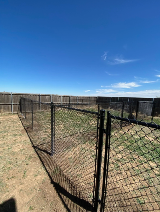 Black chain link fence with gate on rural acreage